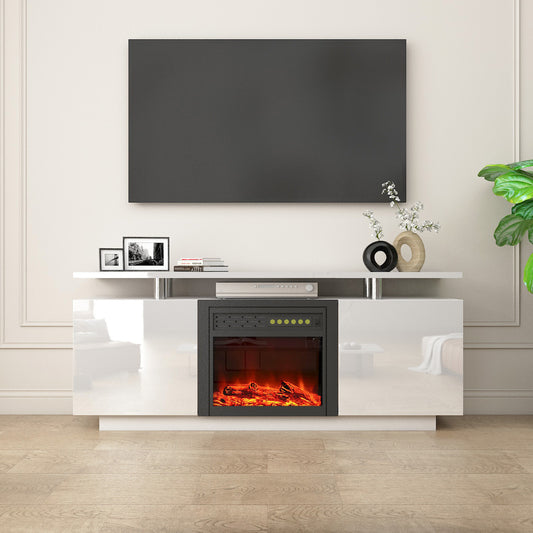 High Gloss White TV Cabinet with Fireplace & Color Change