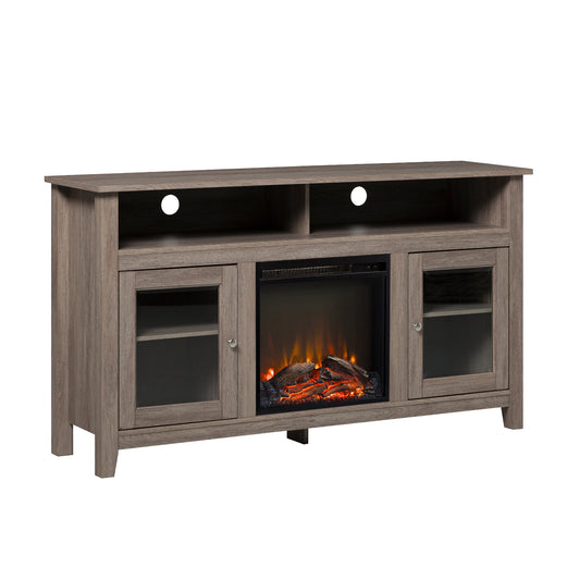 Classic Tall TV Stand with Glass-Door Fireplace - Driftwood