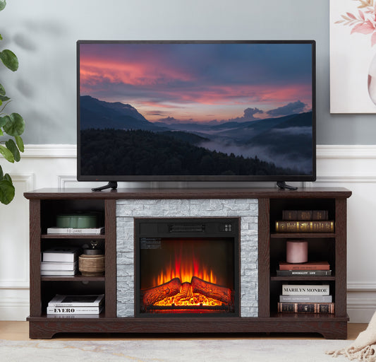 Faux Stacked Stone TV Stand with Fireplace Insert - Cherry