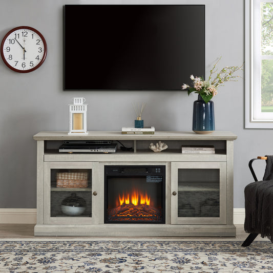 Contemporary TV Media Stand with Fireplace Insert - Stone Gray